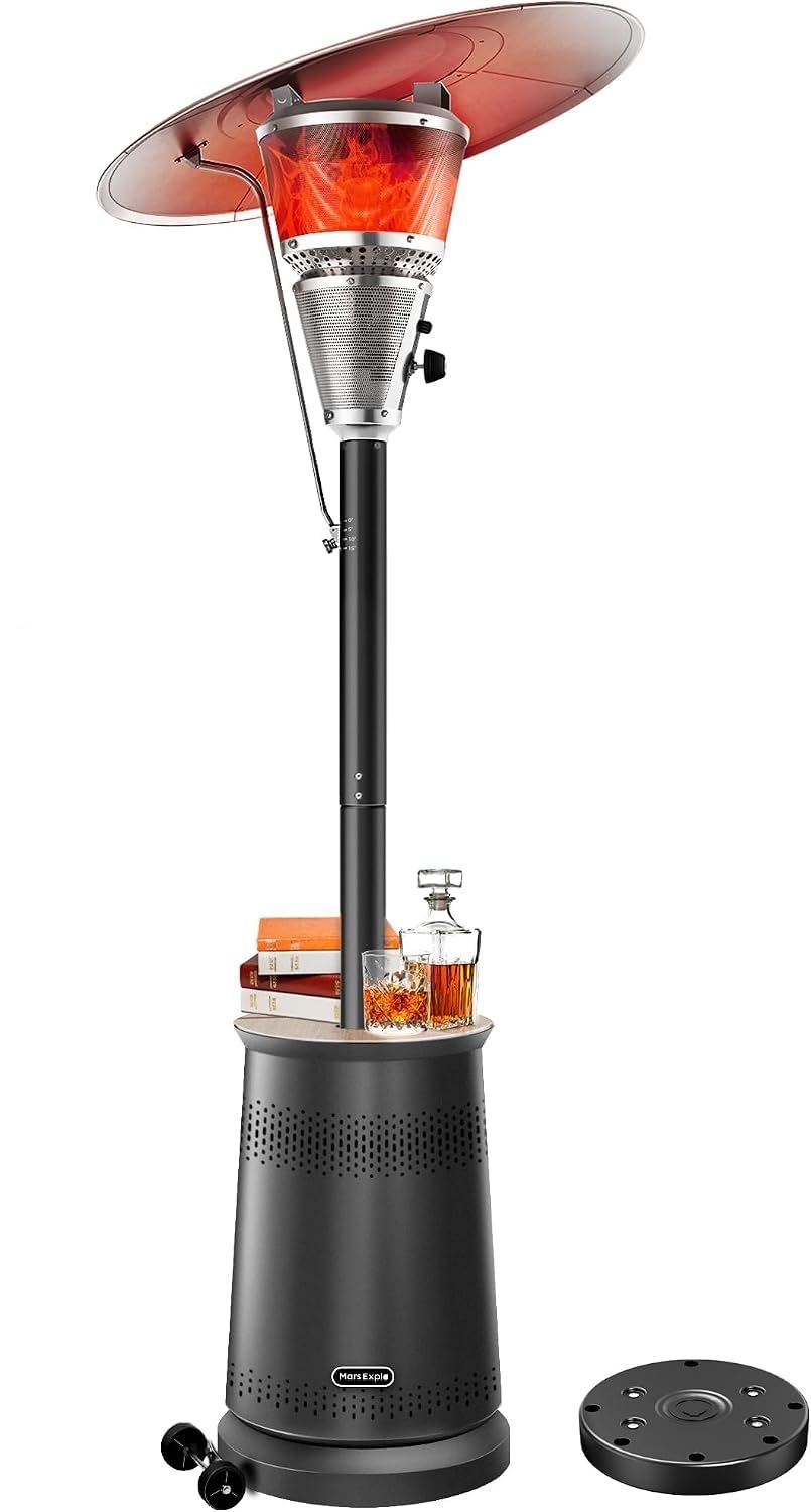 50, 000 BTU With Adjustable Heat Focusing Top, Portable Propane Patio Heater with Wheels & Sandbox, Stainless Steel