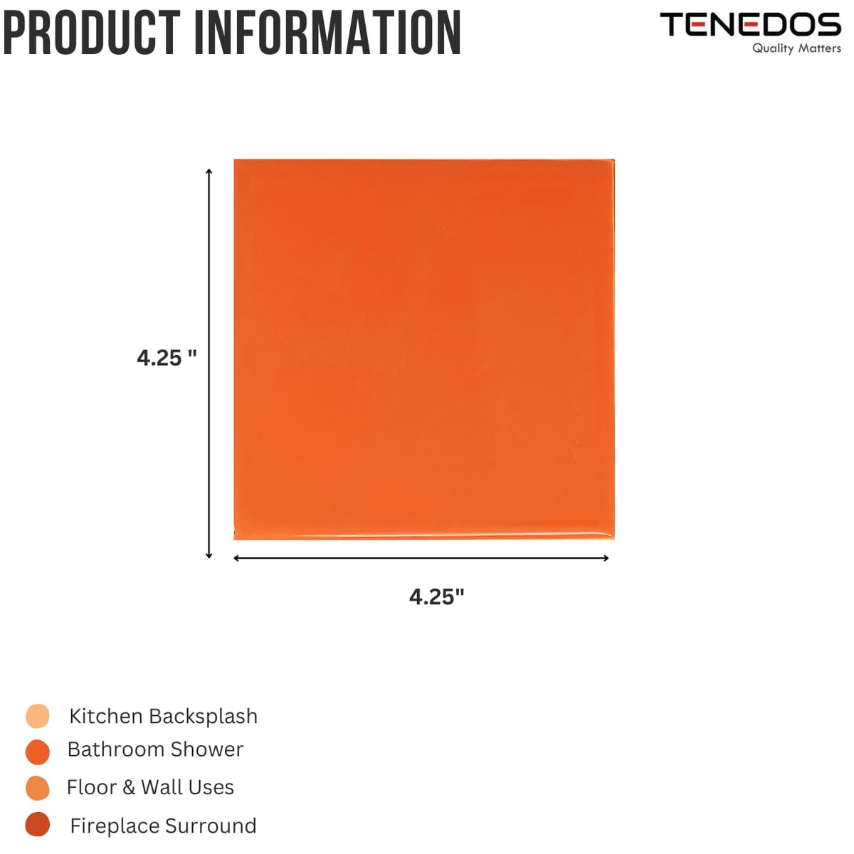 Glossy Ceramic Tile 4.25 inch Subway Square 4x4 Shower Bathroom Kitchen Backsplash Box 10 Pieces (Orange)