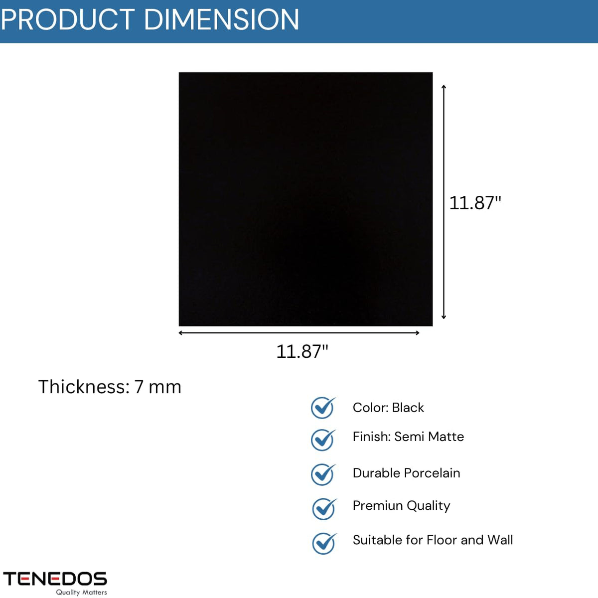 12x12 Black Glazed Porcelain Floor & Wall Tile, Exact Size 11-7/8 in., Shower, Kitchen Backsplash, Entryway (1 Piece