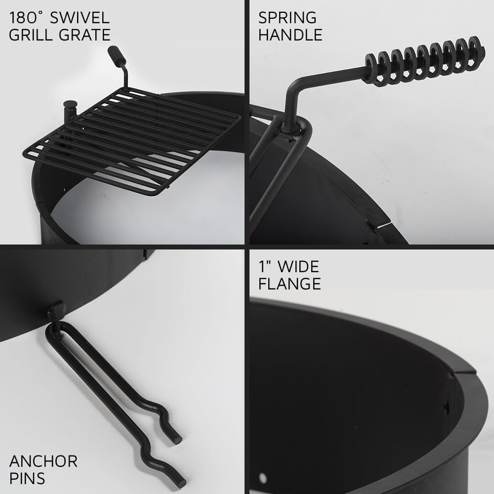 Ash & Ember 32" Steel Fire Pit Ring with Cooking Grate, 15.5" x 19.5" Swivel Grate with Spring Handle, Steel Fire