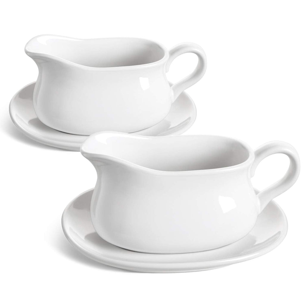 17oz Gravy Boat with Saucer Stand, Set of 2, Ceramic Sauce Boat with Tray for Salad Dressings, Creamer, Broth, Black