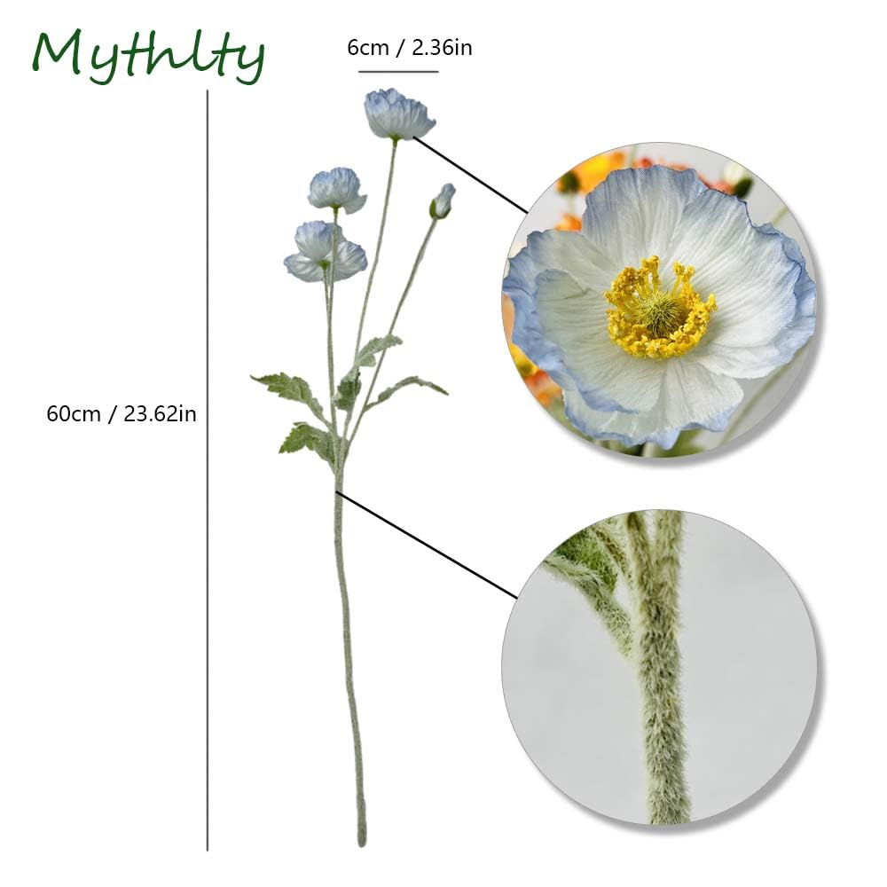 Set of 6 Light Blue Silk Poppy Flowers Artificial with Stems Silk Poppies Bouquet Faux Ranunculus Artificial Flowers