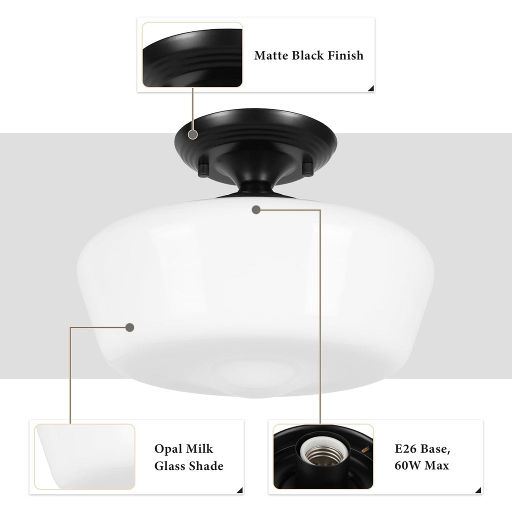 Schoolhouse Style Semi Flush Mount Ceiling Light Fixture, 12" Modern Hallway Ceiling Lamp with Opal Milk Glass Shade
