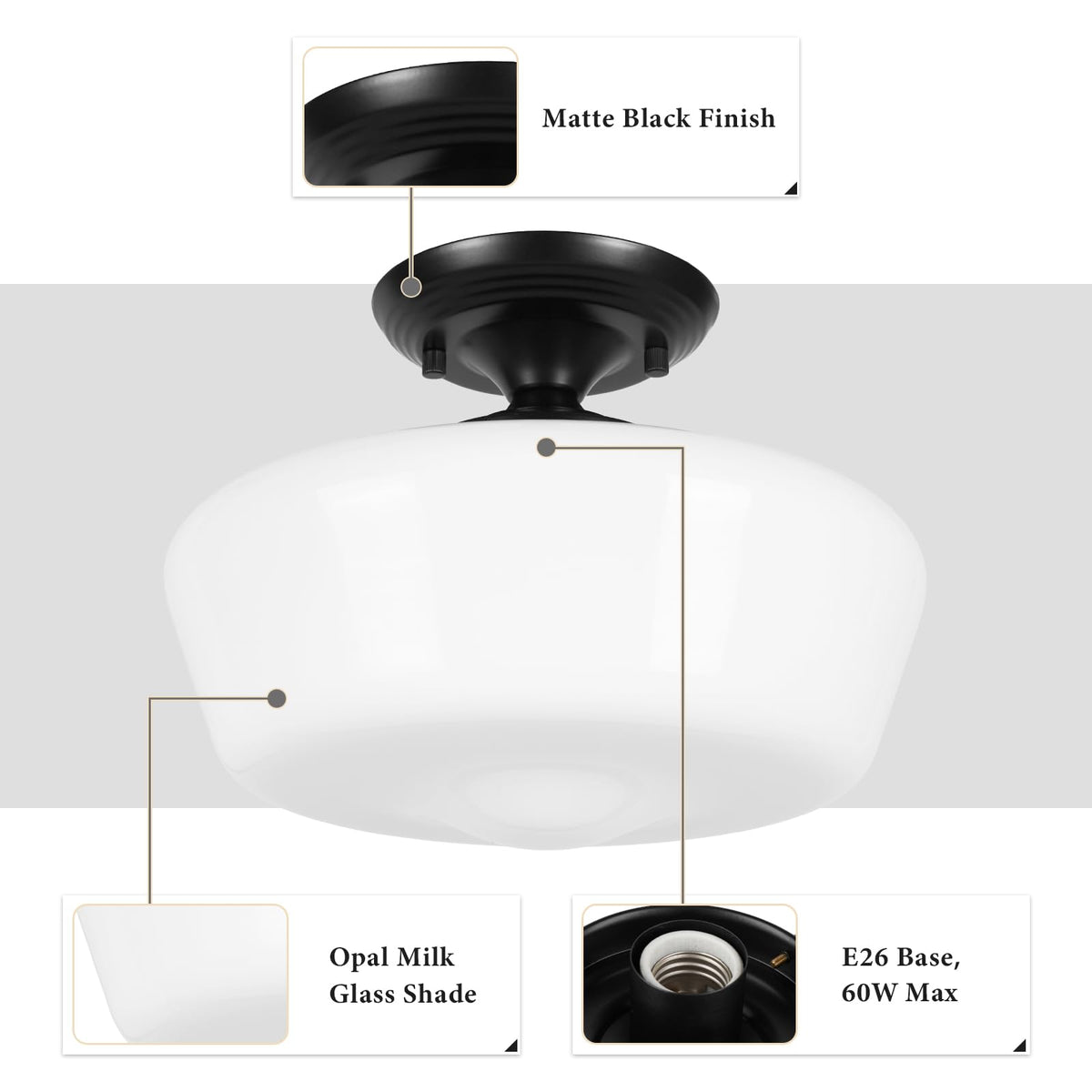 Schoolhouse Style Semi Flush Mount Ceiling Light Fixture, 12" Modern Hallway Ceiling Lamp with Opal Milk Glass Shade