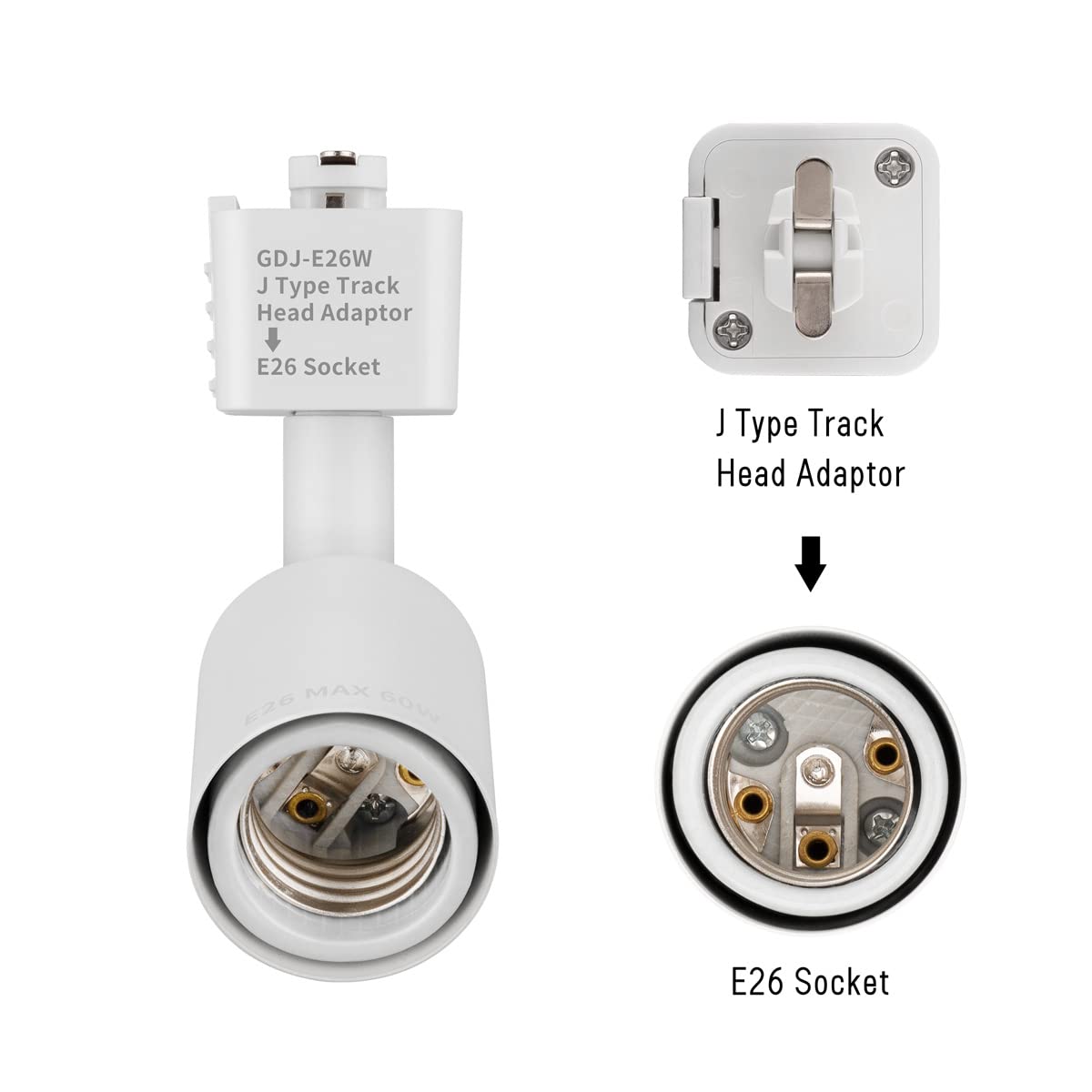 J Type Track Lighting Head to E26 Medium Screw Base Adapter Light Direction Adjustable Pack of 3 (White)