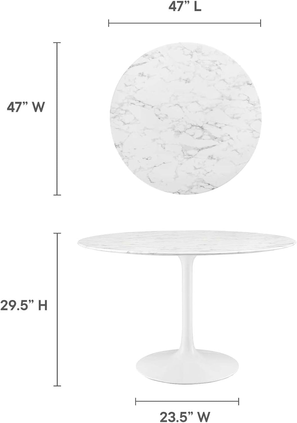 Inspired Saarinen Style Tulip Round Pedestal Dining Table — White Marble Top, 47″ Round