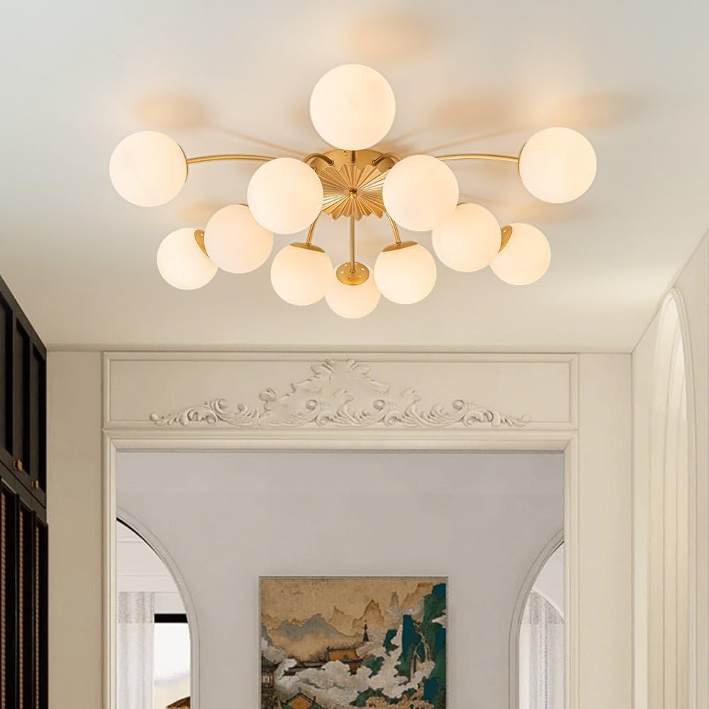 40 Inch Twelve-Light Milk Glass Sputnik Chandelier with Globes