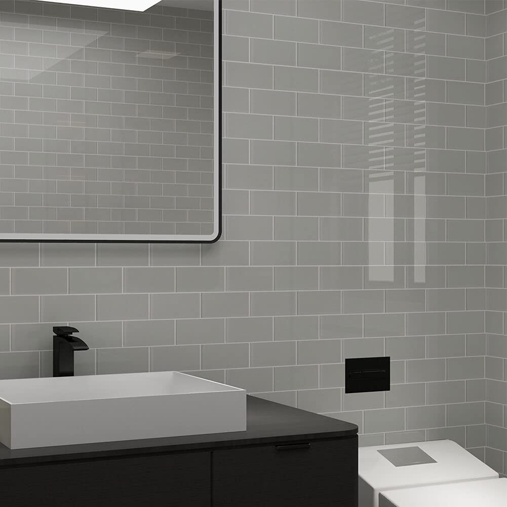 Glass Subway Tile 3 x 6 Inch Light Gray Backsplash Bathroom Wall (32-Pack, 4 sq.ft.)