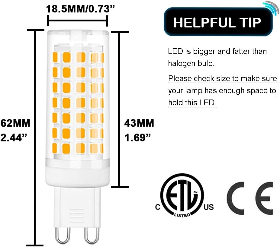 G9 LED Bulb 6W, 60W G9 Halogen Bulb Replacement, 540LM, Warm White 3000K, AC110-130V G9 Base Non-Dimmable Light