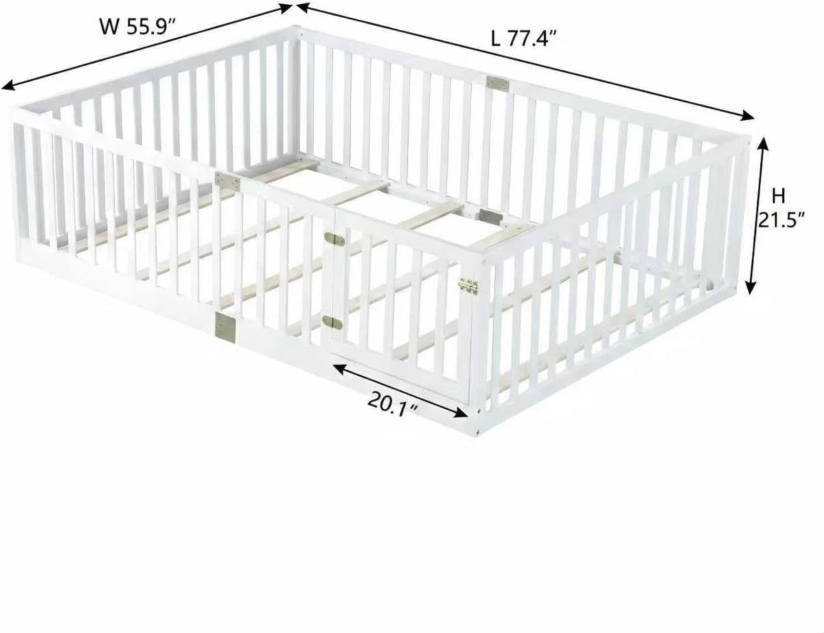 Montessori Floor Bed with High Safety Fence, Solid Rubber Wood Kids Floor Bed Frame with Guardrails and 6
