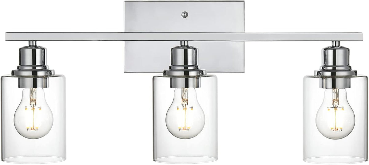 3 Light Wall Light Fixture with Clear Glass Shade Classic Bathroom Vanity Lighting Fixture in Chrome Finish Metal