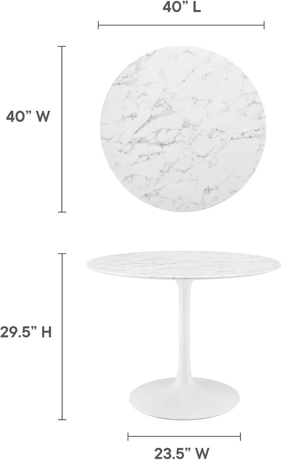 Inspired Saarinen Style Tulip Round Pedestal Dining Table — White Base / Artificial Marble Top, 40″ Round