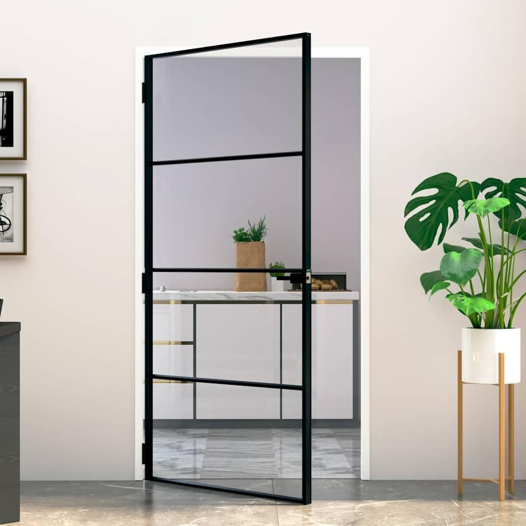 Interior Door, Aluminum Frame Glass Door, Inner Door with Alloy Handle for Bathroom Bedroom, Black Tempered Glass and Aluminum Slim