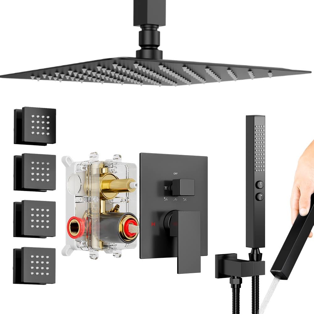 Shower Faucets Sets Shower System with Body Jets, 10" Rain Shower Head with 2 In 1 Handheld Spray and 4 Jets, Ceiling