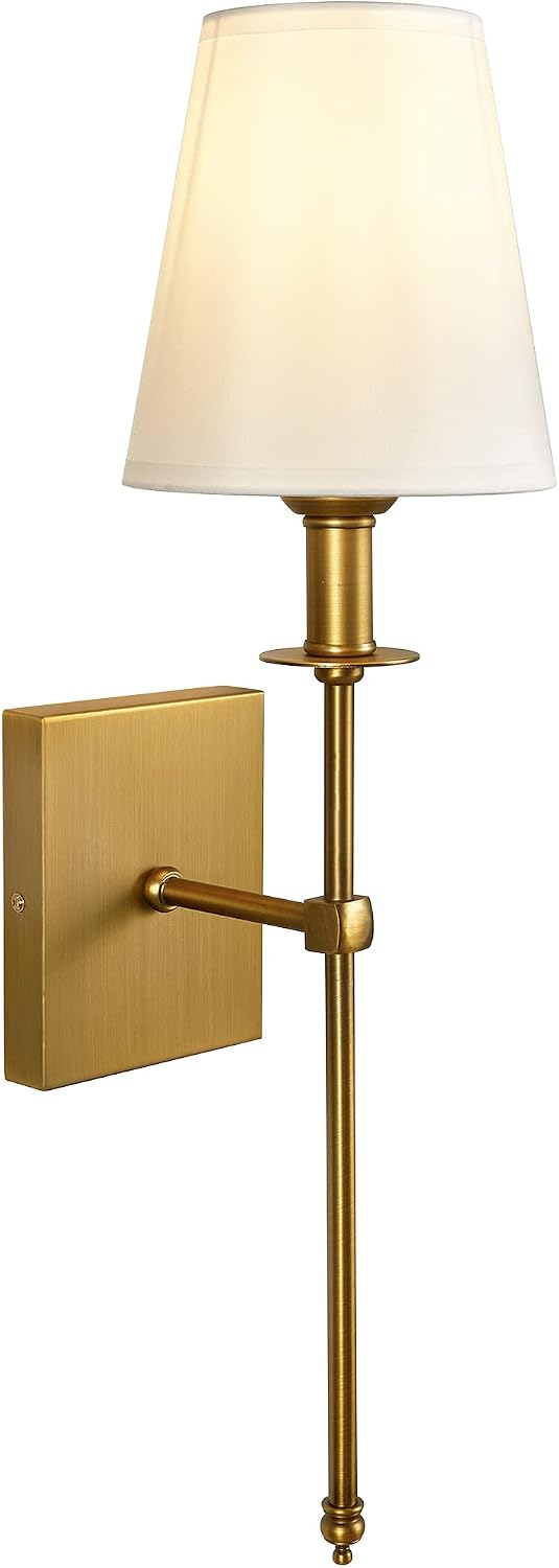 Slim Antique Brass Wall Sconces Set of 2 with White Fabric Shades