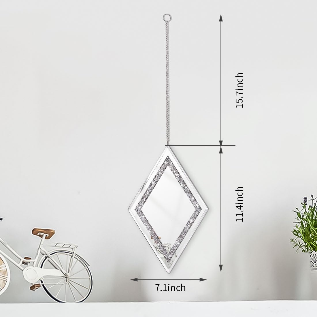Silver Diamond Shaped Wall Mirror Set of 3, Decorative Crystal Crush Diamond Mirrors Decor