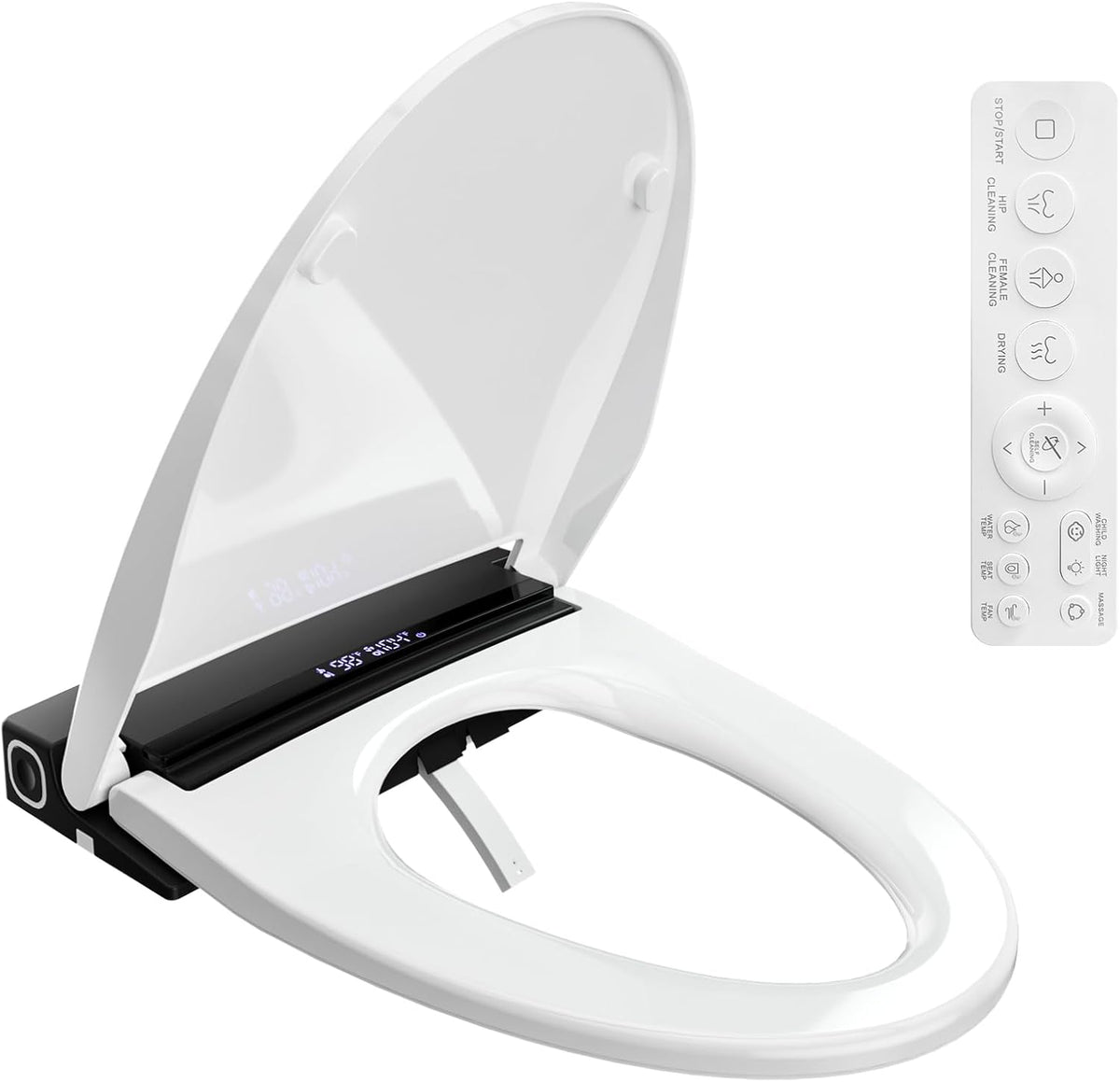 Electric Elongated Smart Heated Toilet Seat with Warm Water, Air Dryer, Feminine and Child Wash, Wireless Remote, Self-Cleaning Stainless Steel Nozzle, Adjustable Water Pressure