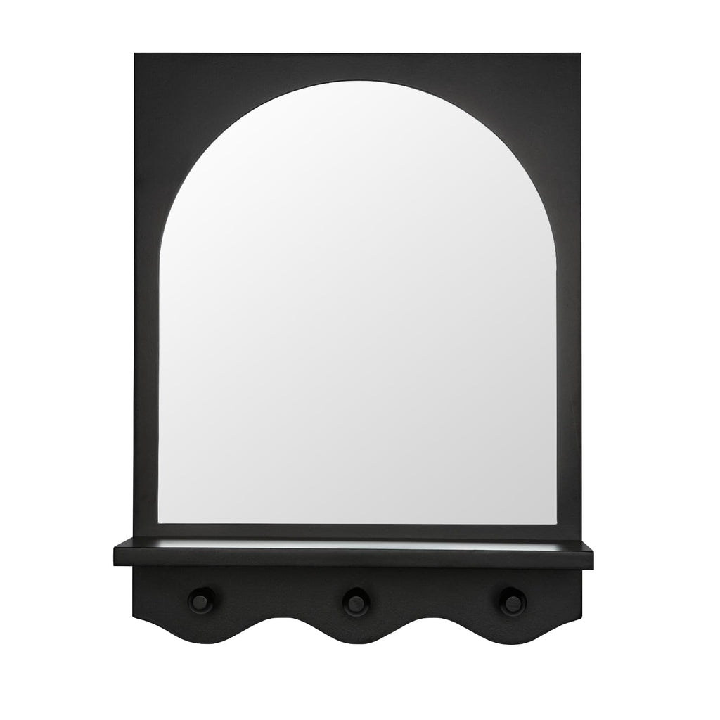 Black 16"x12" Wood Framed Arched Mirror with Shelf and 3 Hooks, Wall Mounted Decorative Real Glass Hanging Mirror