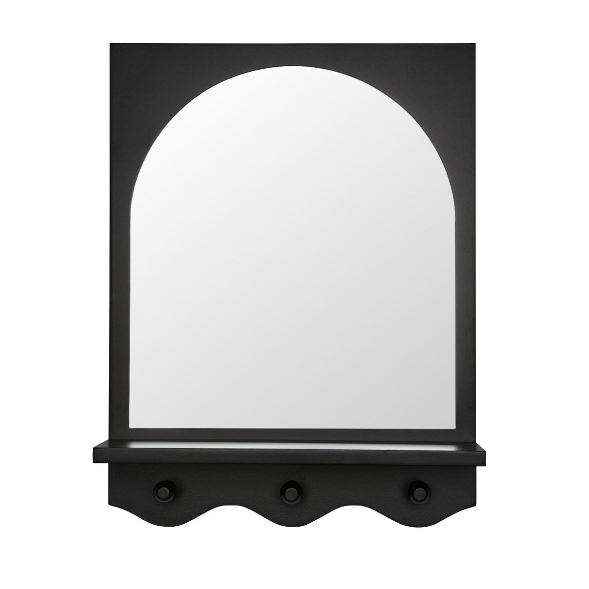 Black 16"x12" Wood Framed Arched Mirror with Shelf and 3 Hooks, Wall Mounted Decorative Real Glass Hanging Mirror