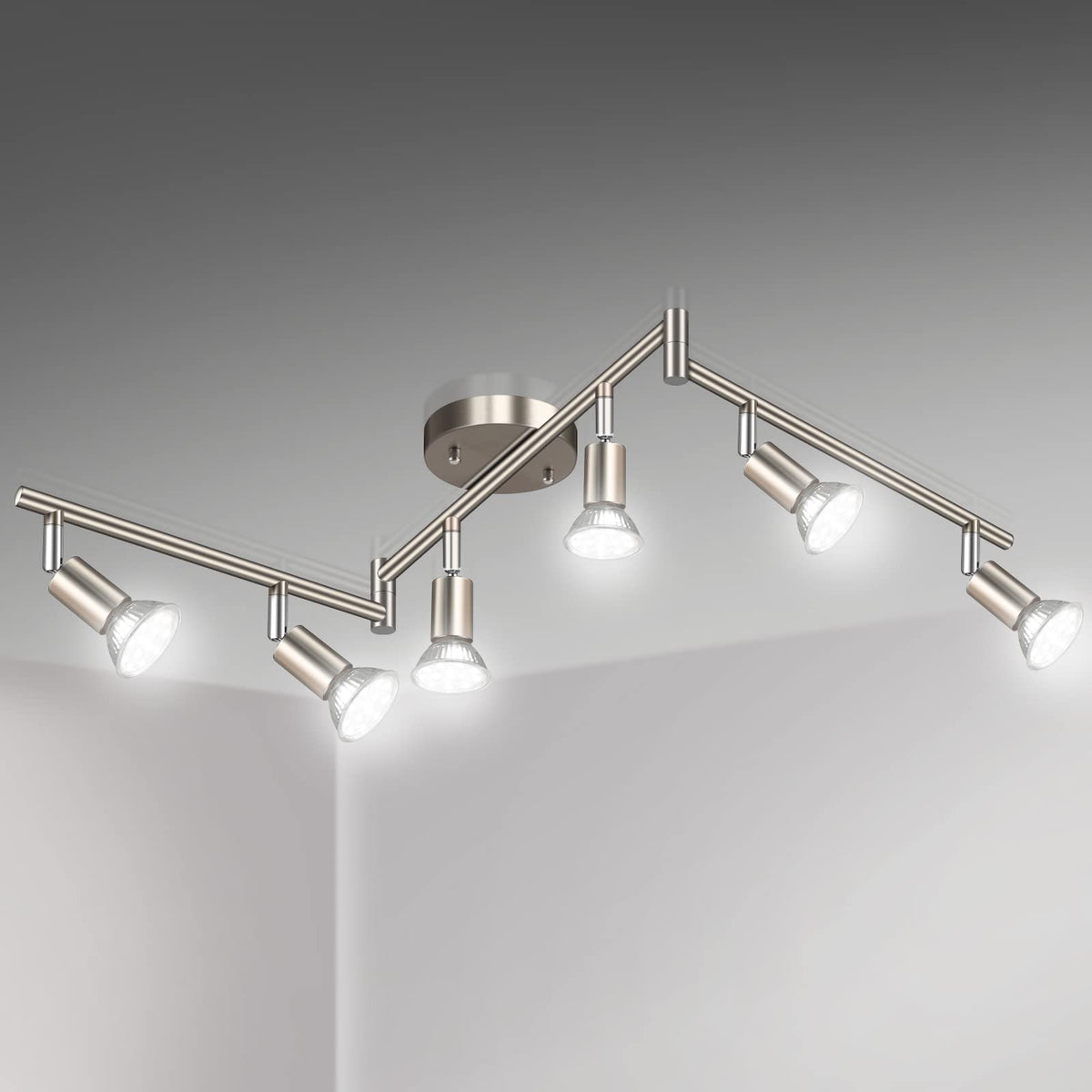LED 6 Light Track Lighting Kit, 46.5'' Matt Nickel 6 Way Ceiling Spot Lighting, Flexibly Rotatable Head, Modern Track