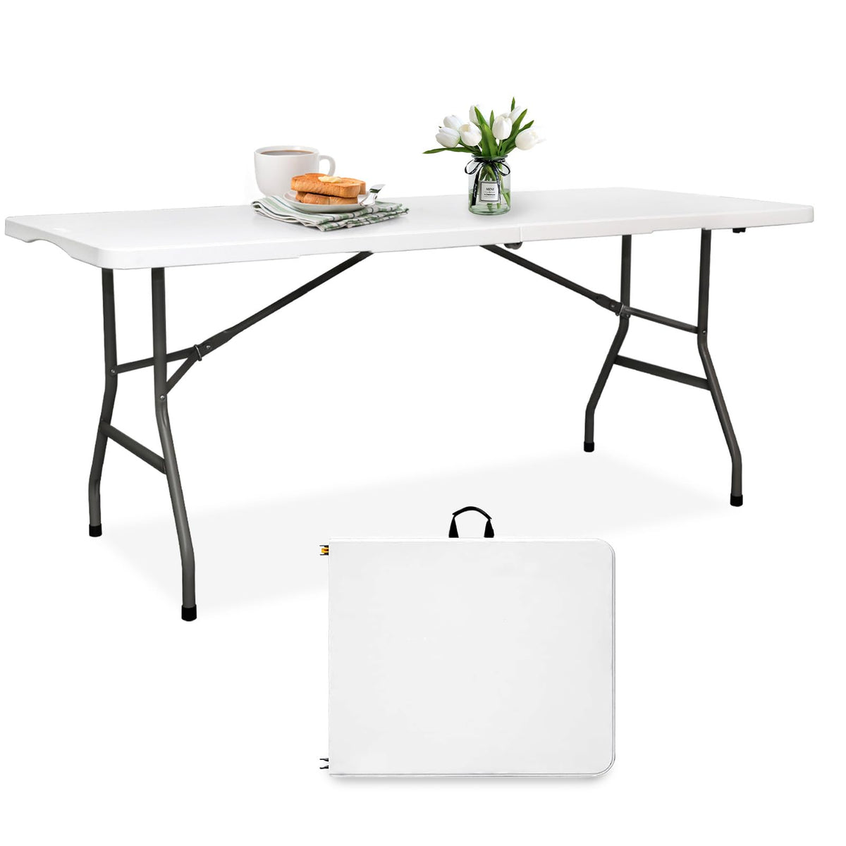 6FT Folding Table Heavy Duty Portable Plastic Foldable Table White