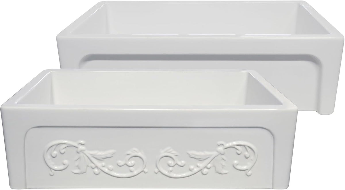 Kitchen Sink; 33" Fireclay Farmhouse Sink, Reversible Apron-Front with Vine Design and Beveled Front, White