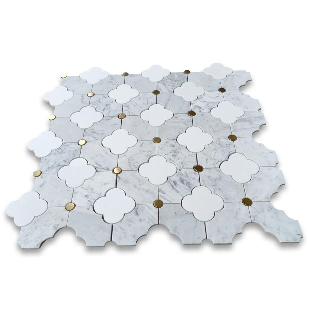 Thassos White Carrara White Marble Quatrefoil Four-Leaf Four-Lobed Clover Flower Mosaic Tile w/Brass Dots Honed