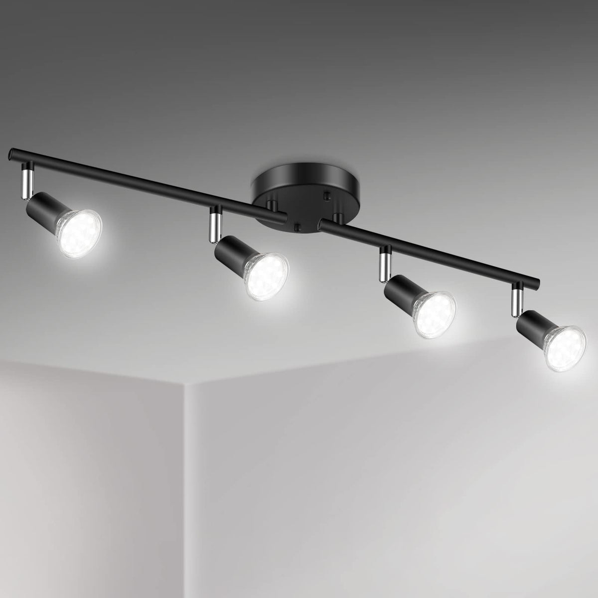 LED 4 Light Track Lighting Kit, 24.8'' Black 4 Way Ceiling Spot Lighting, Flexibly Rotatable Head, Track Light