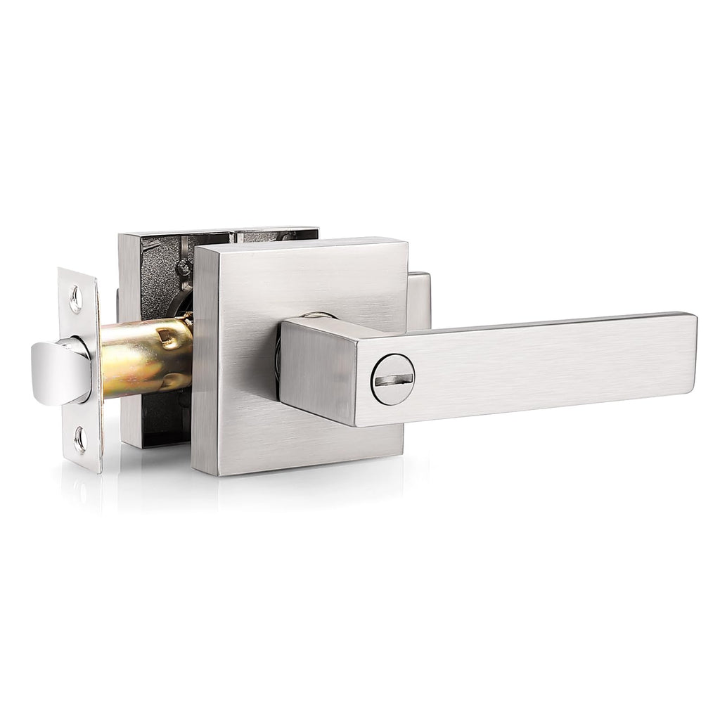 Brushed Nickel Privacy Door Handles, 1 Pack Solid Zinc Alloy Square Interior Door Levers with Lock Bathroom Office