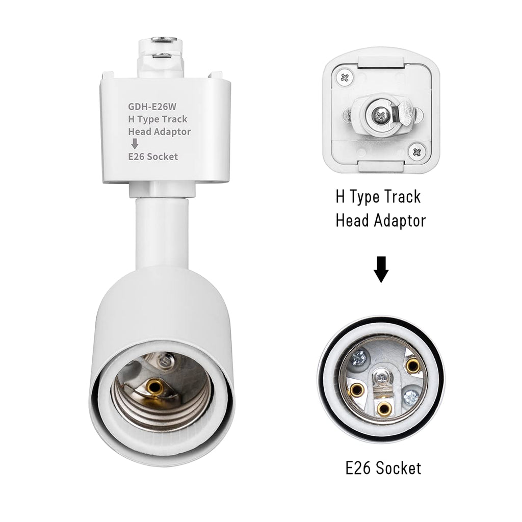 H Type Track Lighting Head to E26 Medium Screw Base Adapter Light Direction Adjustable Pack of 3 (White)