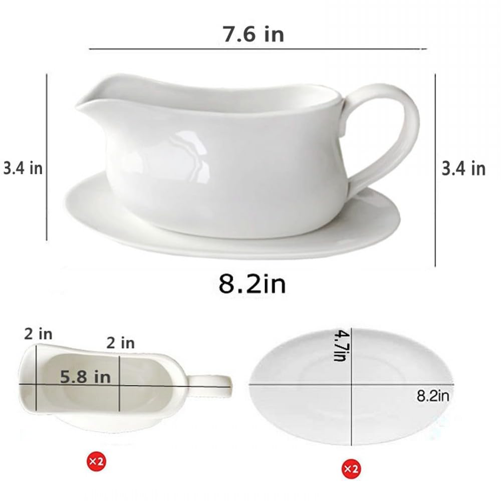 Large 17 Oz Gravy Boat and Tray White Fine Porcelain Saucier With Big Dripless Lip Spout For Gravy, Warming Sauces
