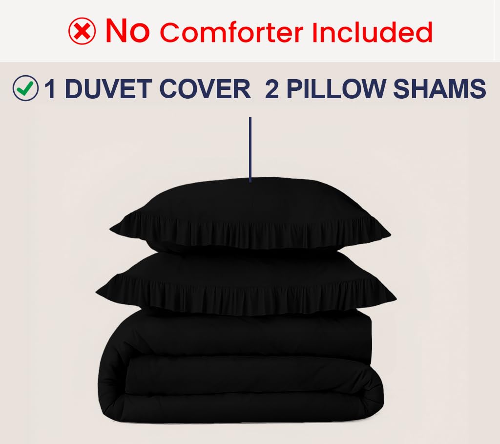 3 Pc Black Ruffle Trim Duvet Cover Set King Size-100% Egyptian Cotton 600 TC Frilled, Shabby Chic Bohemian-Vintage