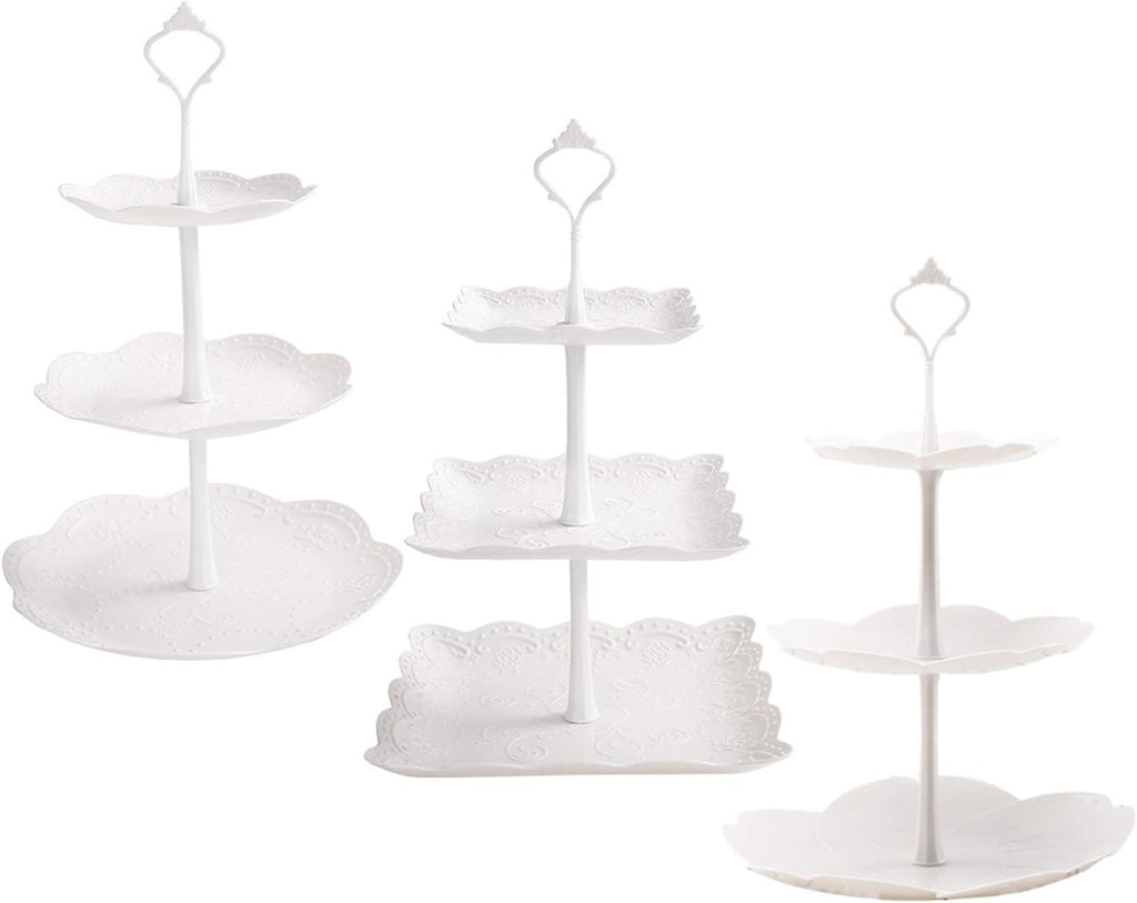 Tiers White Plastic Cupcake Stand Dessert Stand Tiered Serving Trays - Round, Square, Flower - Set of 3