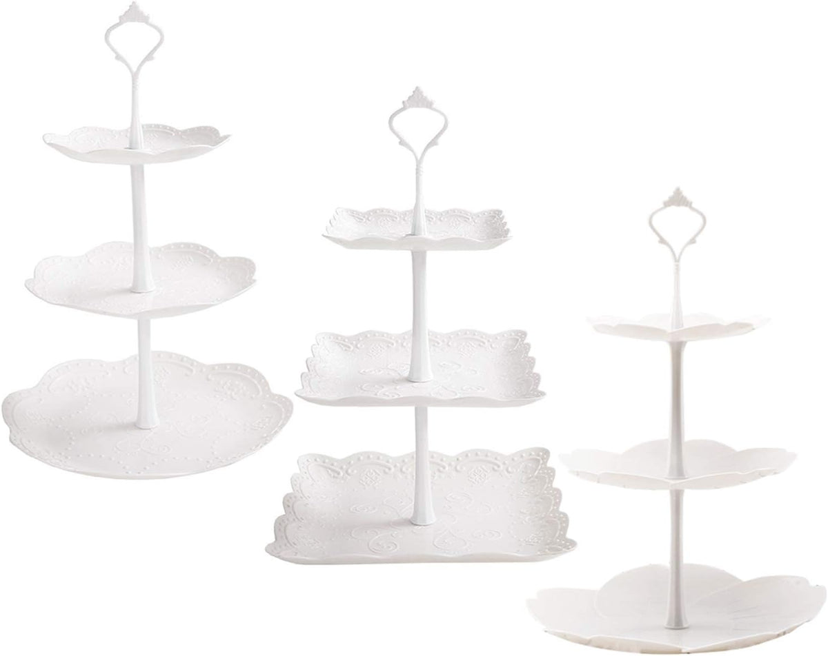 Tiers White Plastic Cupcake Stand Dessert Stand Tiered Serving Trays - Round, Square, Flower - Set of 3