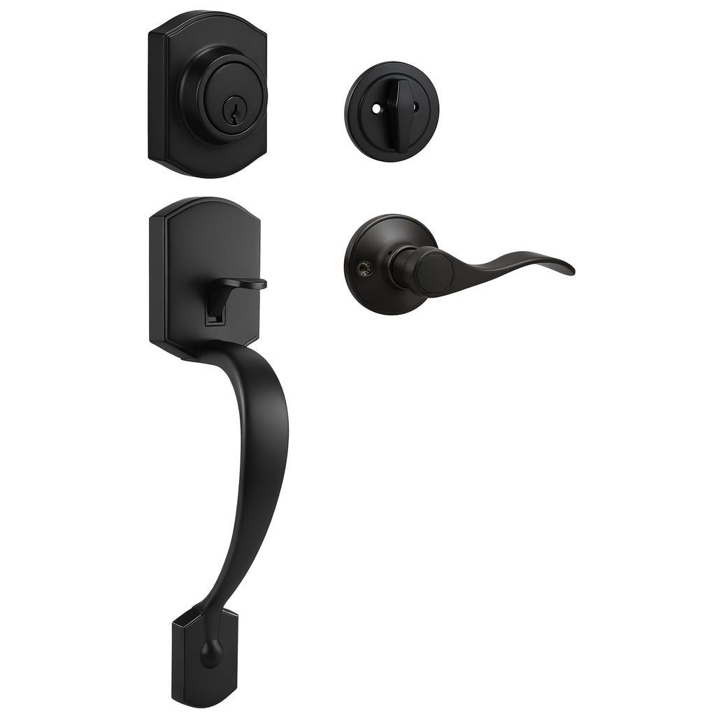 Front Door Lock Handle and Deadbolt Set,Matte Black Exterior Door Lever with Reversible Handle,Front Door Hardware