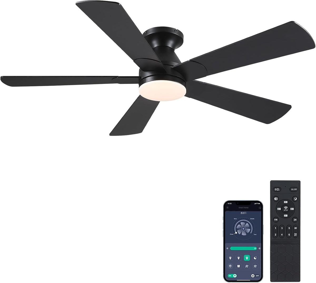52" Black Indoor/Outdoor Flush Mount Ceiling Fan with Light & Remote