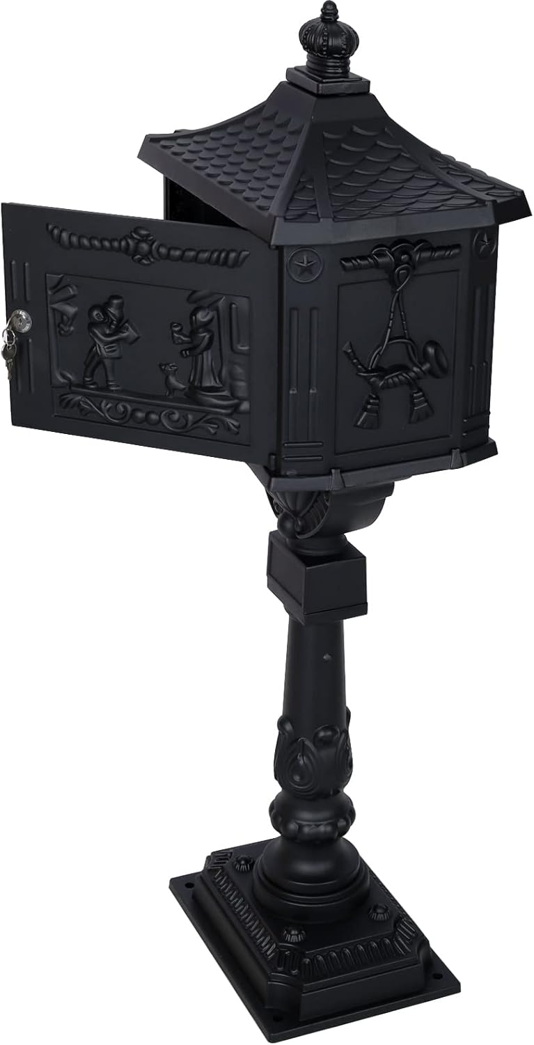 Cast Aluminum Mailbox with Post, Heavy Duty Locking Security Mail Box Outside
