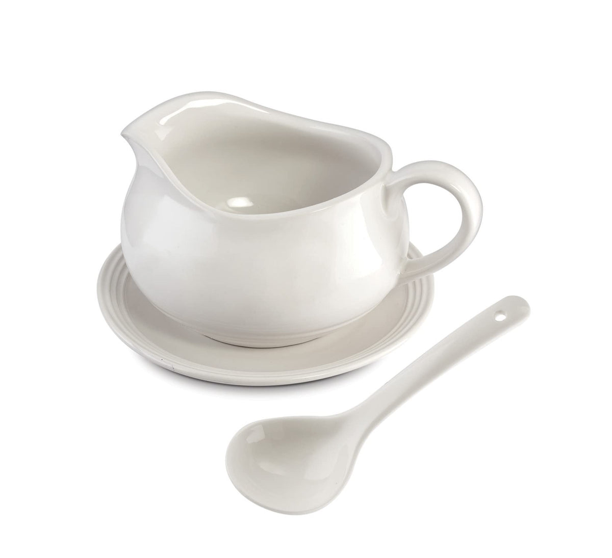 24 Oz Gravy Boat | Ceramic White Gravy Dish Set | Includes Gravy Boat, Saucer and Spoon (White)