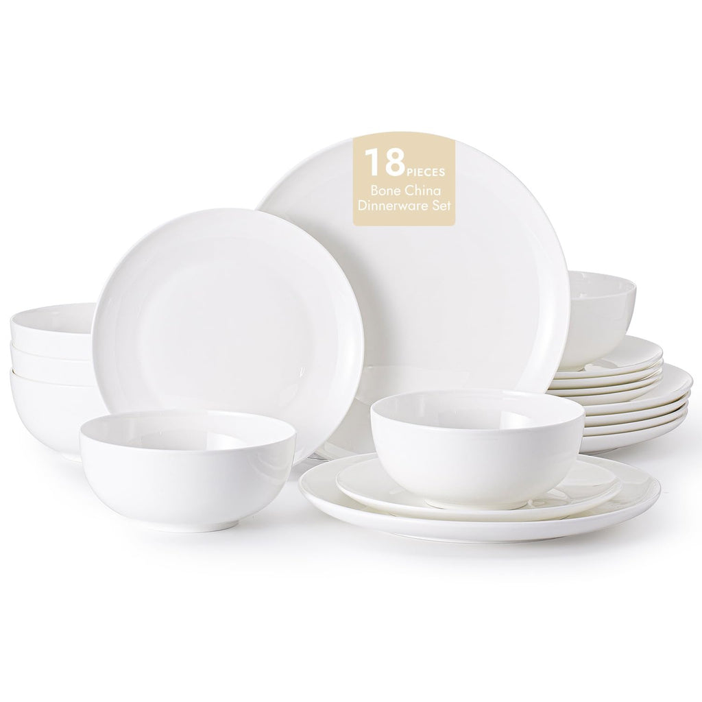 Bone China Dinnerware Set for 6, 18-Piece Plates and Bowls Set