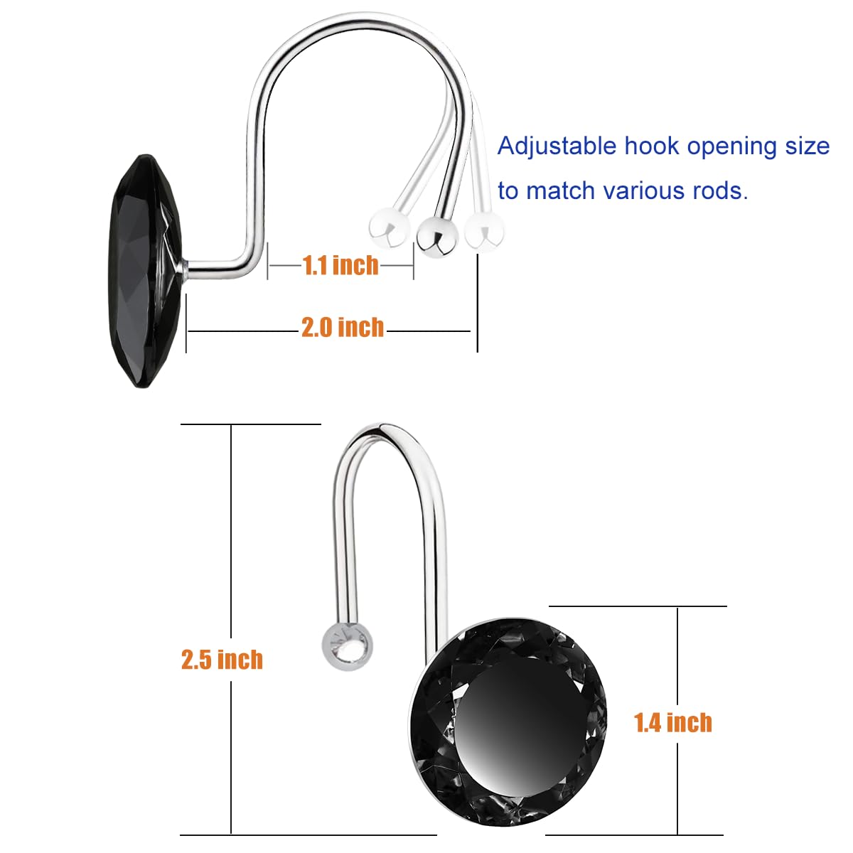 24PCS Shower Curtain Hooks Rings, Round Stainless Steel Rust Proof Crystal Rhinestones Bling Shower Curtain Rings