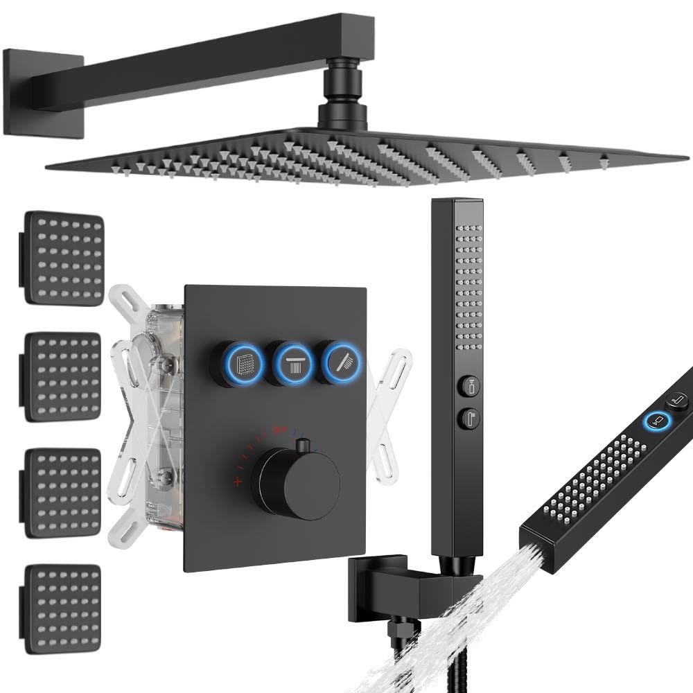 Thermostatic Shower System with Body Jets, 12" Rain Shower with 2 in 1 Handheld, Can Use All at Once, Push Button