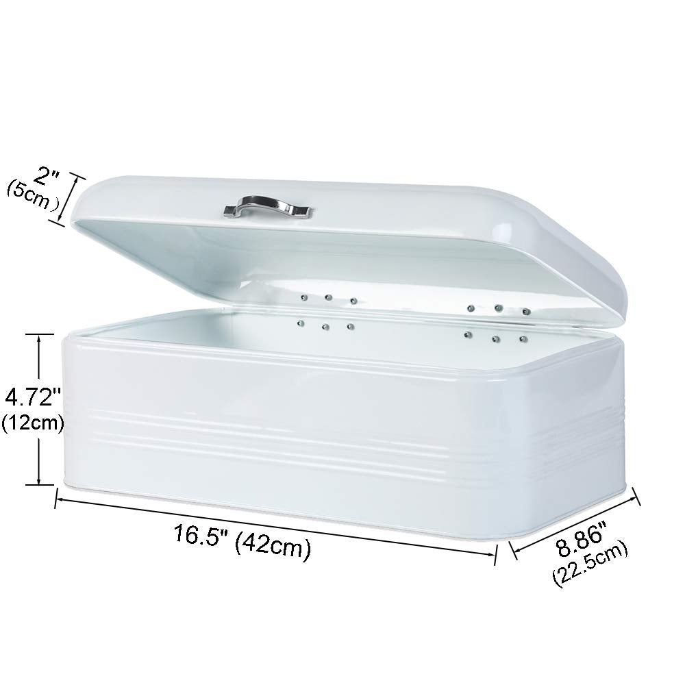 Large, Metal Bread Storage Bin with Lid, 16.3"x9"x6.7", White