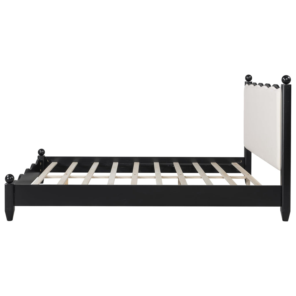 Modern Solid Wood Bed Frame with Upholstered Headboard, Queen Size Rustic Platform Frame with Sturdy Wood Legs/No Box