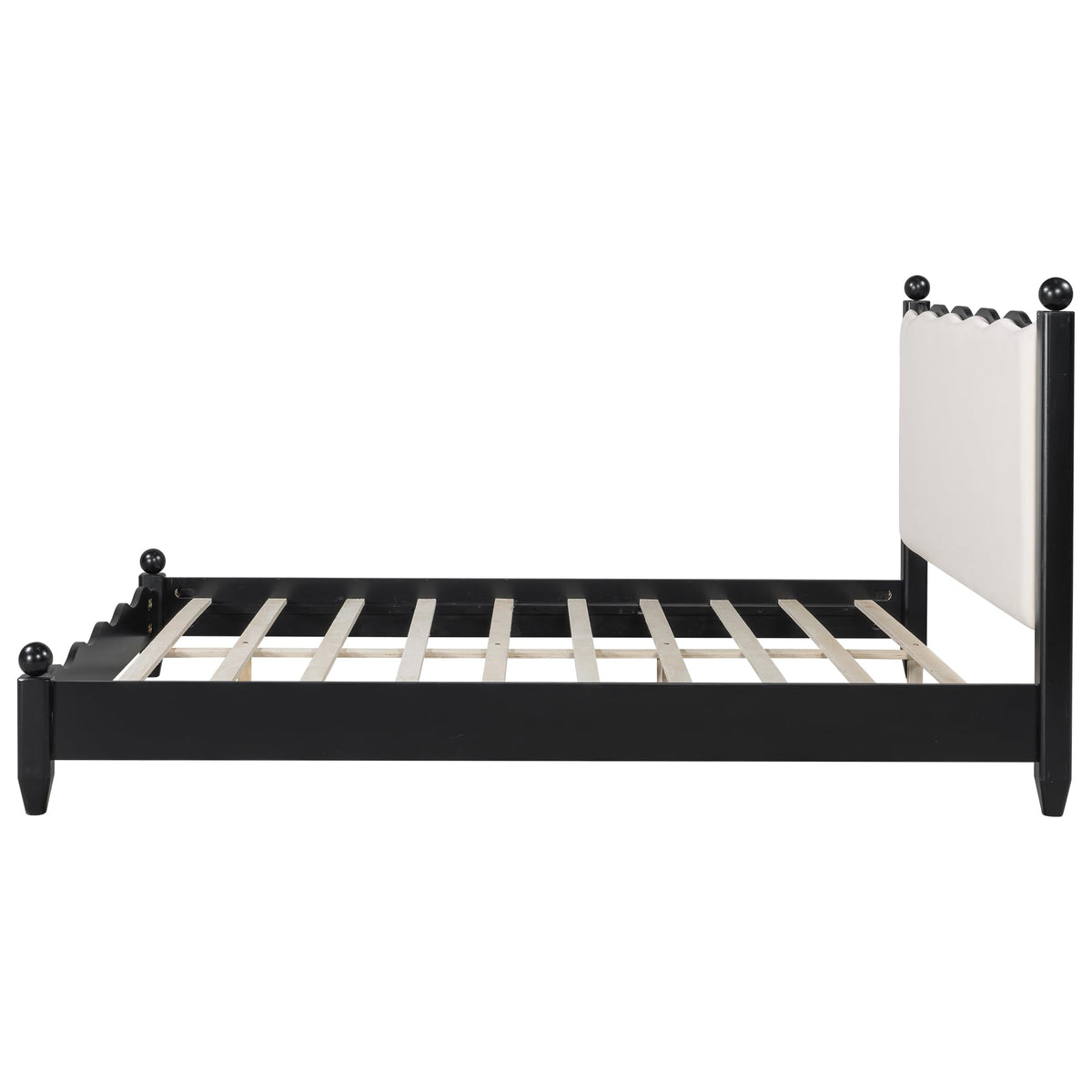 Modern Solid Wood Bed Frame with Upholstered Headboard, Queen Size Rustic Platform Frame with Sturdy Wood Legs/No Box