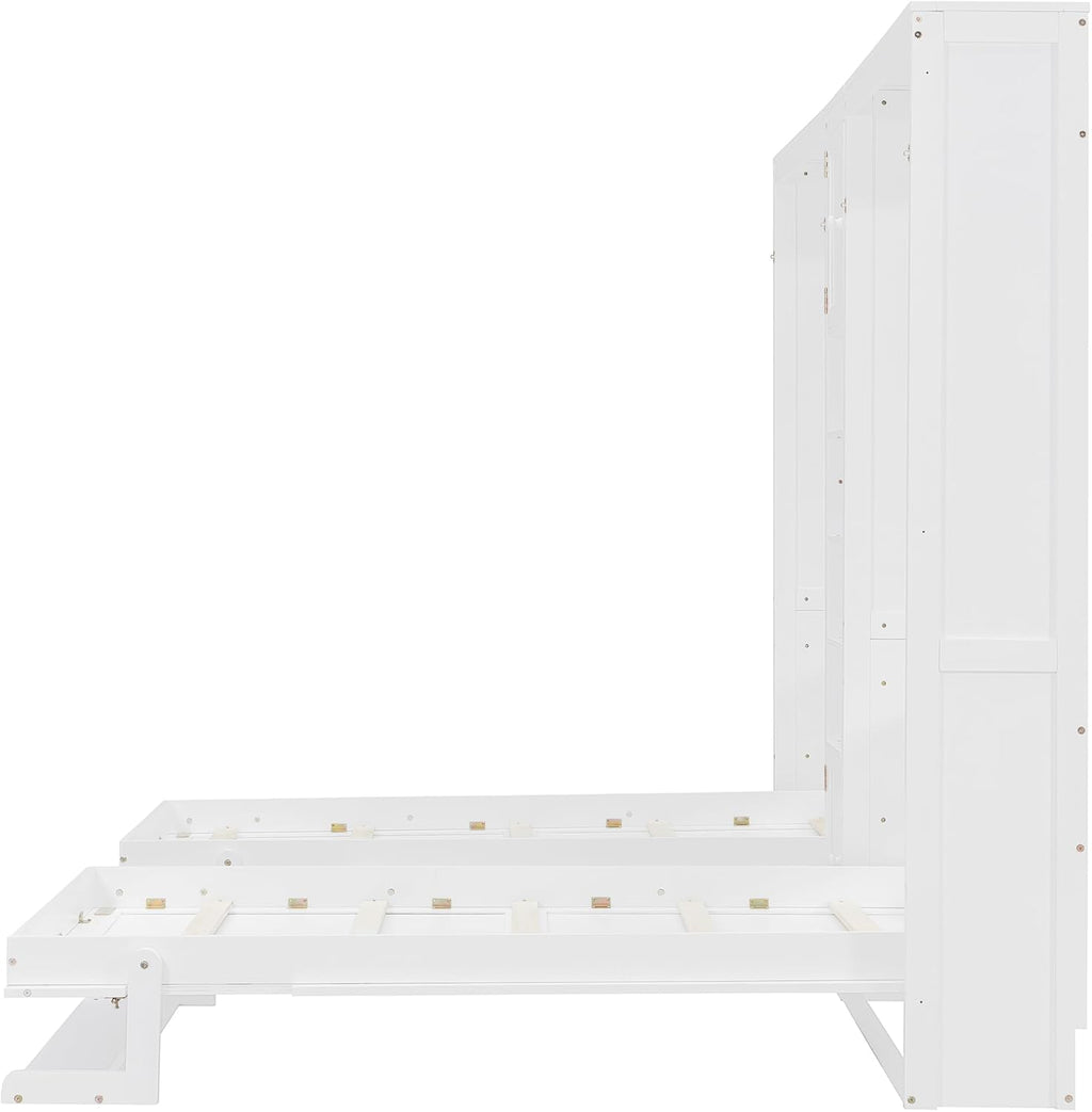 110W Dual Twin Wall Murphy Beds with Cabinets and Shelves,Sleeping Arrangement for Multipurpose Area, Bedroom, Guest