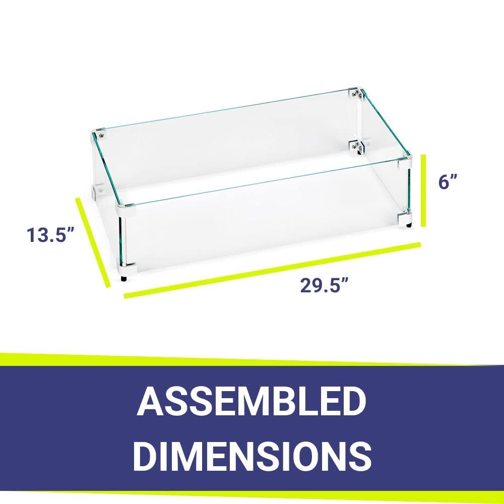 Tempered Glass Flame Guard for 24" x 8" Rectangular Drop-in Fire Pit Pans | Outdoor Wind Guard with Aluminum