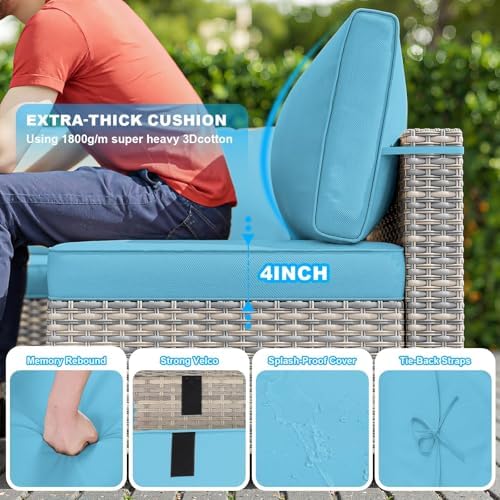 7-Piece Wicker Outdoor Patio Furniture Set | Blue All-Weather Resistant with Thick Cushions for Backyard, Garden & Porch