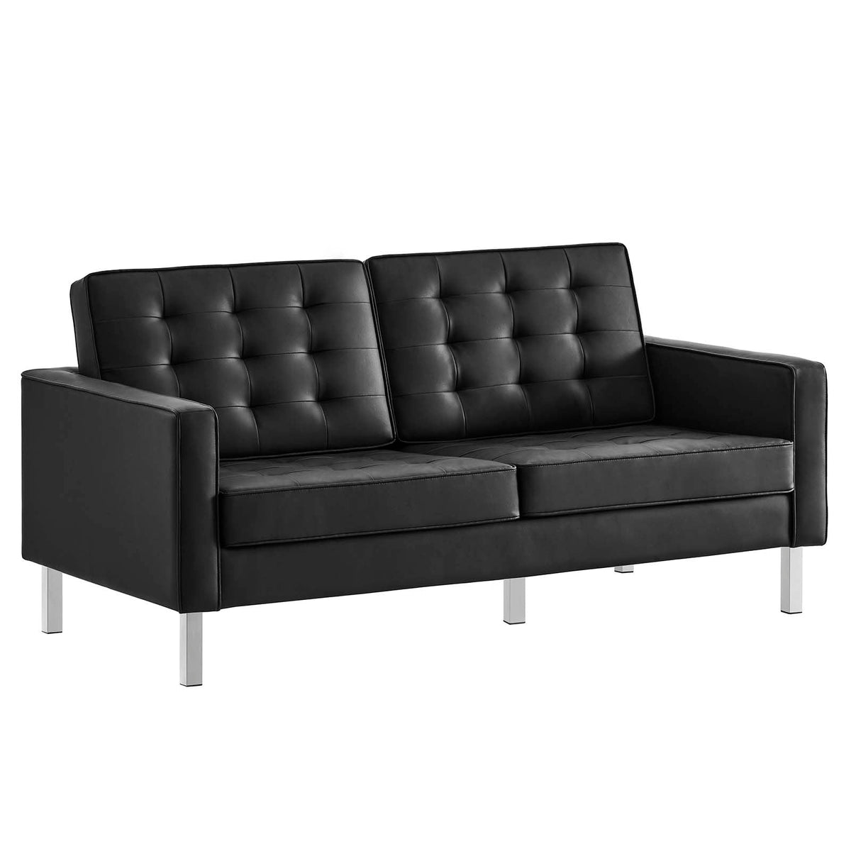 Loft Tufted Button Faux Leather Upholstered Loveseat in Silver Black