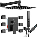 Matte Black Shower System with Body Jets, 12 Inch Rainfall Shower and Handheld Spray, Wall Mounted Full Body Shower