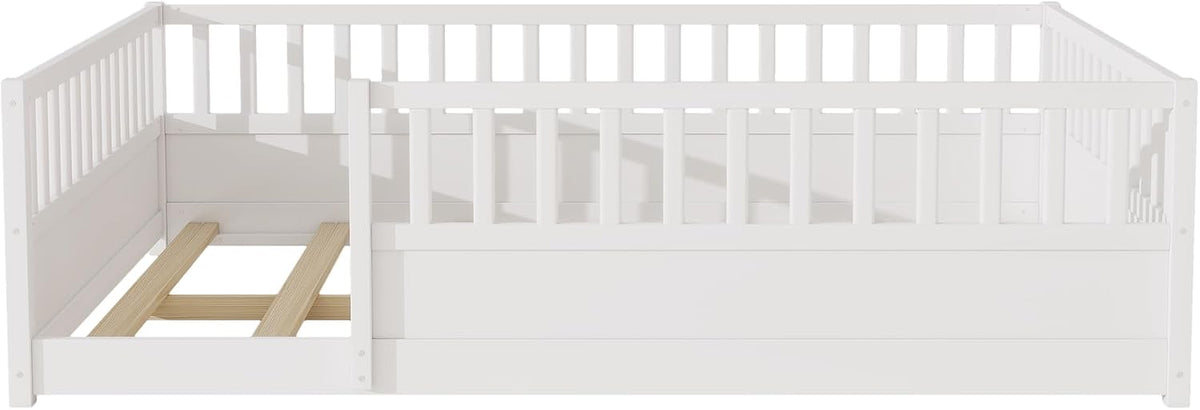 Kids Montessori Floor Bed Frame with High Fence, White